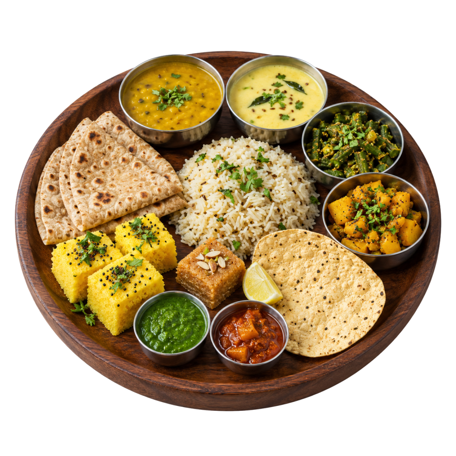 Gujarati thali on a wooden platter — dal, kadhi, shaak, khaman dhokla, rotli, jeera rice and papad, served by Evening Point catering in Ahmedabad